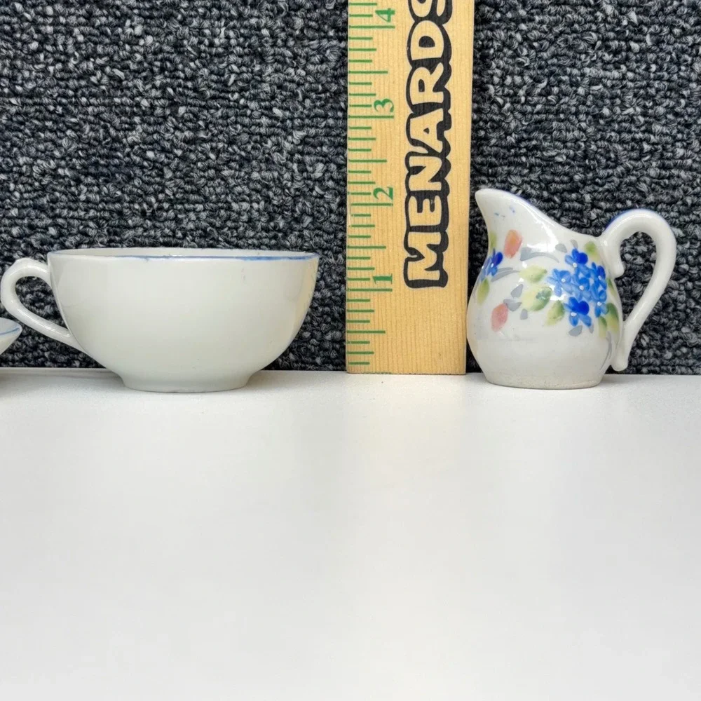 Vintage Japan Miniature Tea‎ Set 4pc Floral Porcelain Teacup Saucer Creamer Blue
